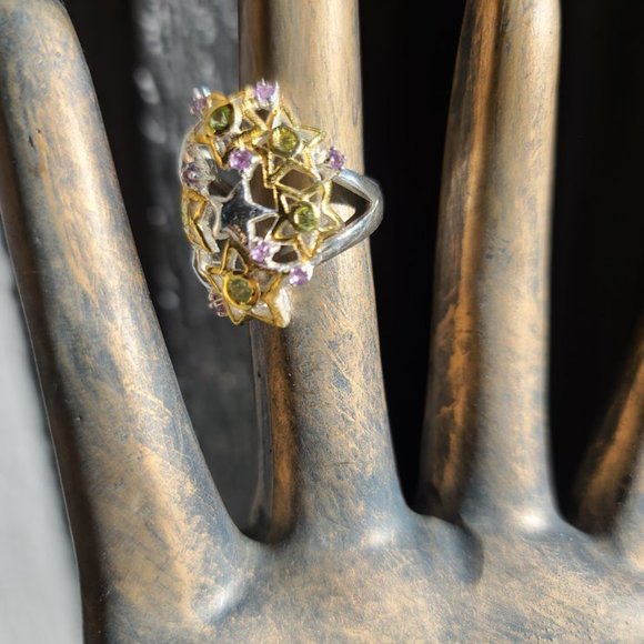Amethyst & Peridot sterling and gold star dome ring sz6.5 - Picture 7 of 10
